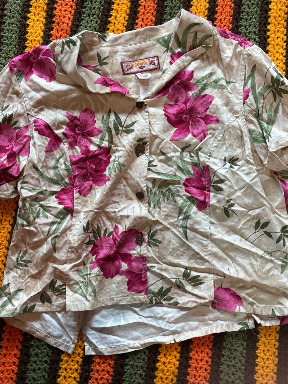 Caribbean Joe White Button-Front Floral Shirt with Fuchsia Blooms